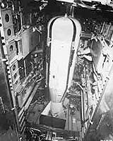 Little Boy atomic bomb dummy unit inside a modified B-29 bomb bay, Wendover Field, Utah, May,1945.