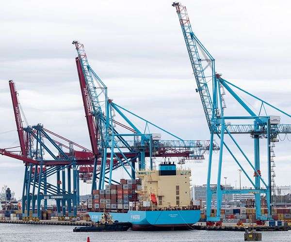 The world's first methanol-powered container ship moored at the Port of Gothenburg